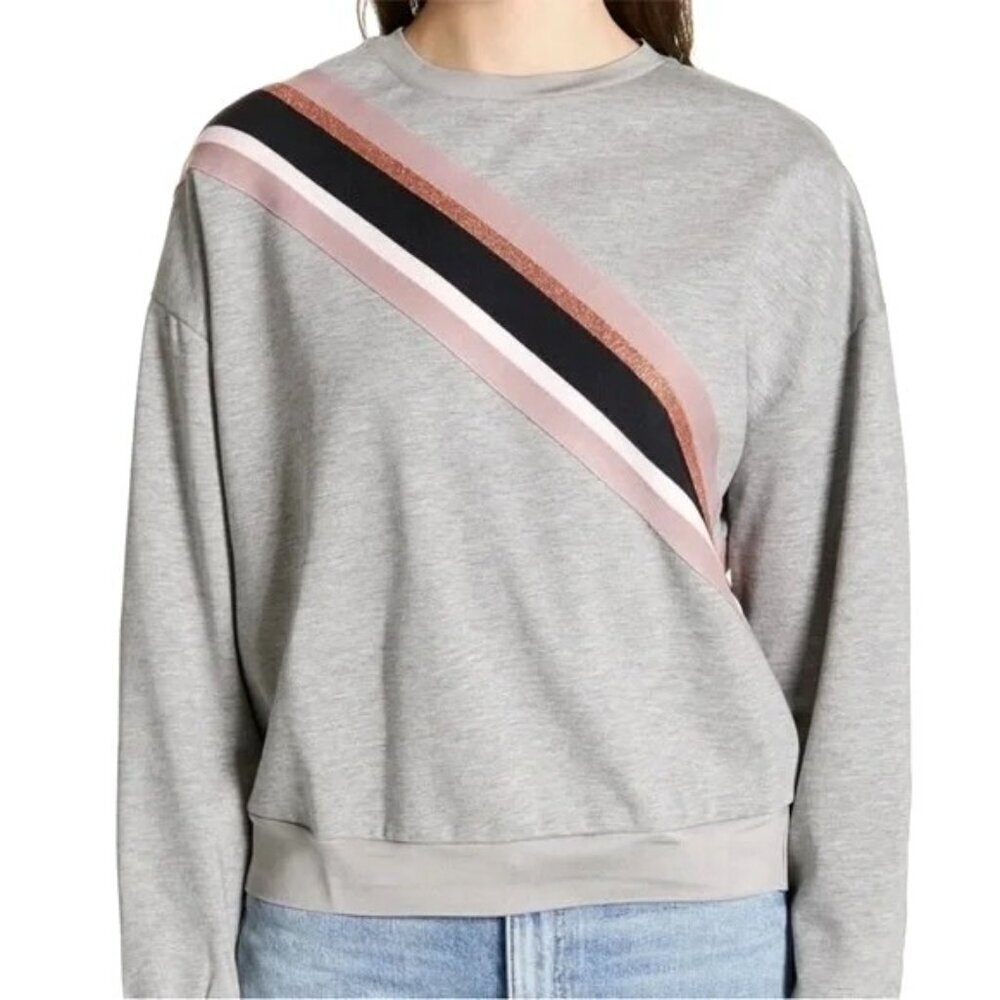 Ted Baker Sweatshirt Women Small Gray Pink Heysin Stripe Shimmer Top Athleisure